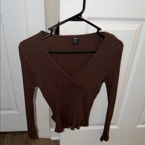 SHEIN Chocolate Brown Ribbed Long Sleeve Top